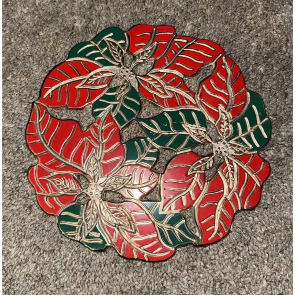 Christmas Trivet Vtg Poinsettia Kitchen Red Green Metal Enamel Wall Hanging